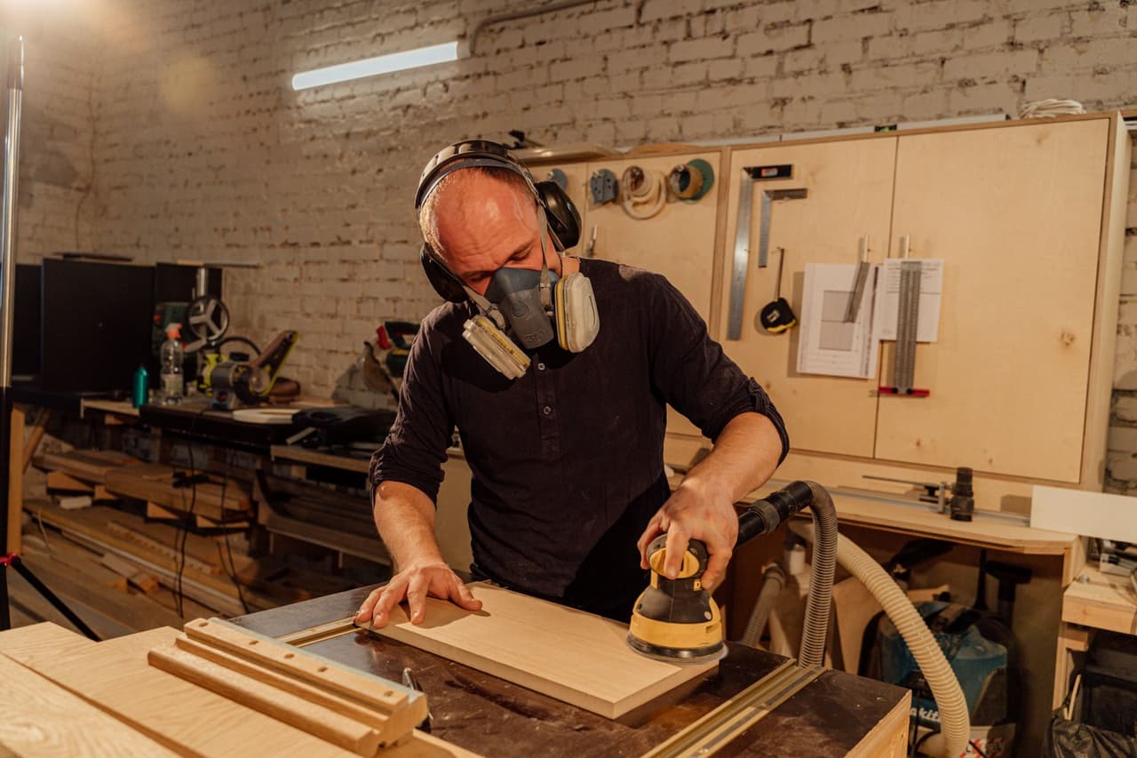 Craftsman in a respirator sanding a wood floor during refinishing